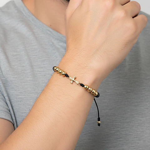 Pulsera Cruz Cristo Piedra Ónix Oro Laminado 18k