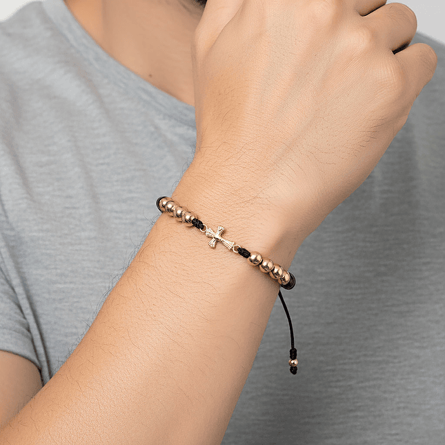 Pulsera Cruz Cristo Piedra Ónix Oro Laminado 18k 2