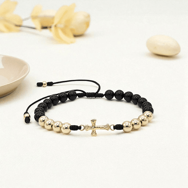Pulsera Cruz Cristo Piedra Ónix Oro Laminado 18k 3