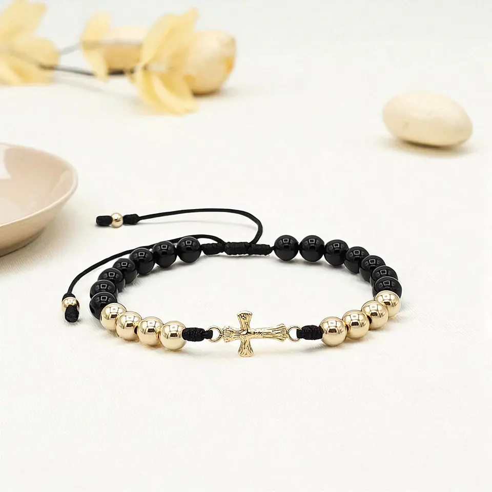 Pulsera Cruz Cristo Piedra Ónix Oro Laminado 18k 3