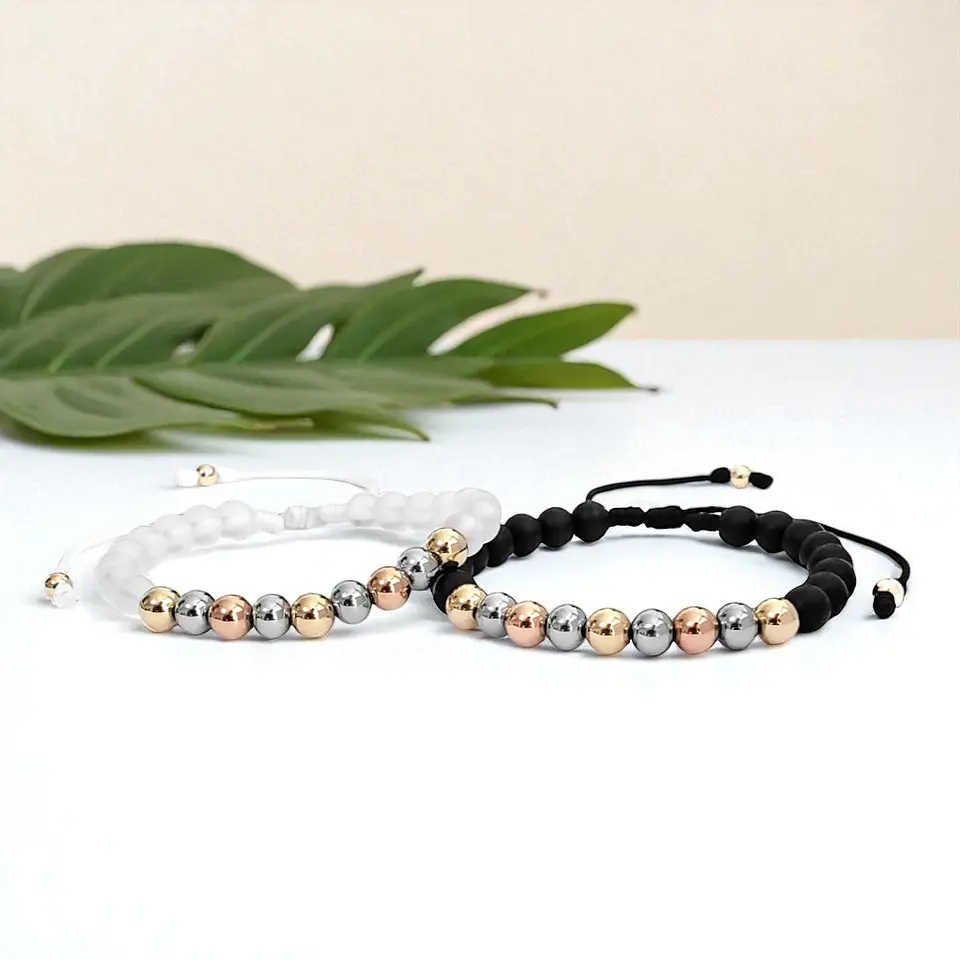 Pulseras para Parejas Ónix Mate Cristal Oro Laminado 18k 3