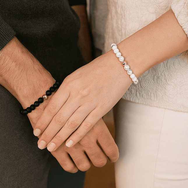 Pulseras Para Parejas Onix Mate Howlita Oro Laminado 18k  2