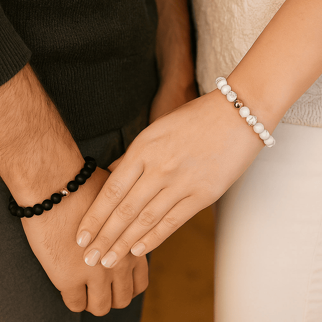 Pulseras Para Parejas Onix Mate Howlita Oro Laminado 18k  3