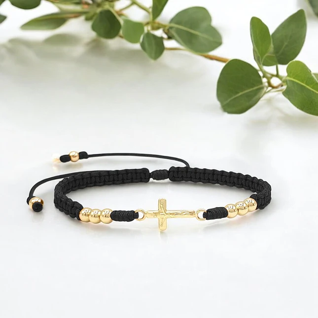 Pulsera Tejida Cruz Cristo Oro Laminado 18k 6