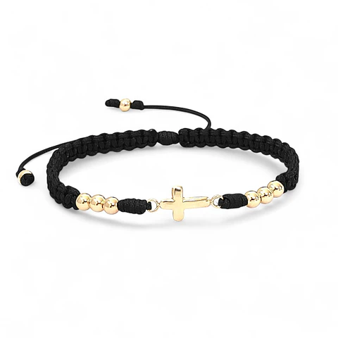 Pulsera Tejida Cruz Cristo Oro Laminado 18k