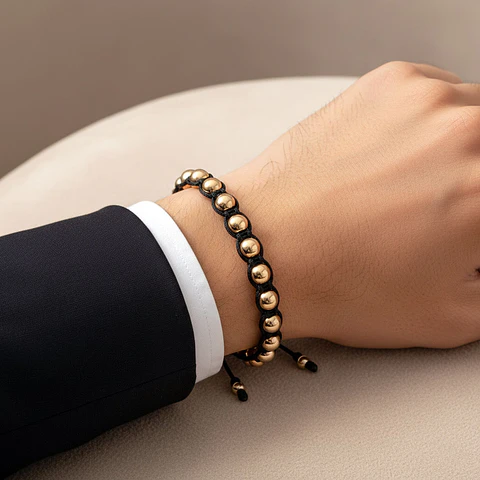 Pulsera Macramé Cordón Negro Oro Laminado 18k