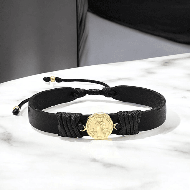 Pulsera San Benito Cuero Oro Laminado 18k 3