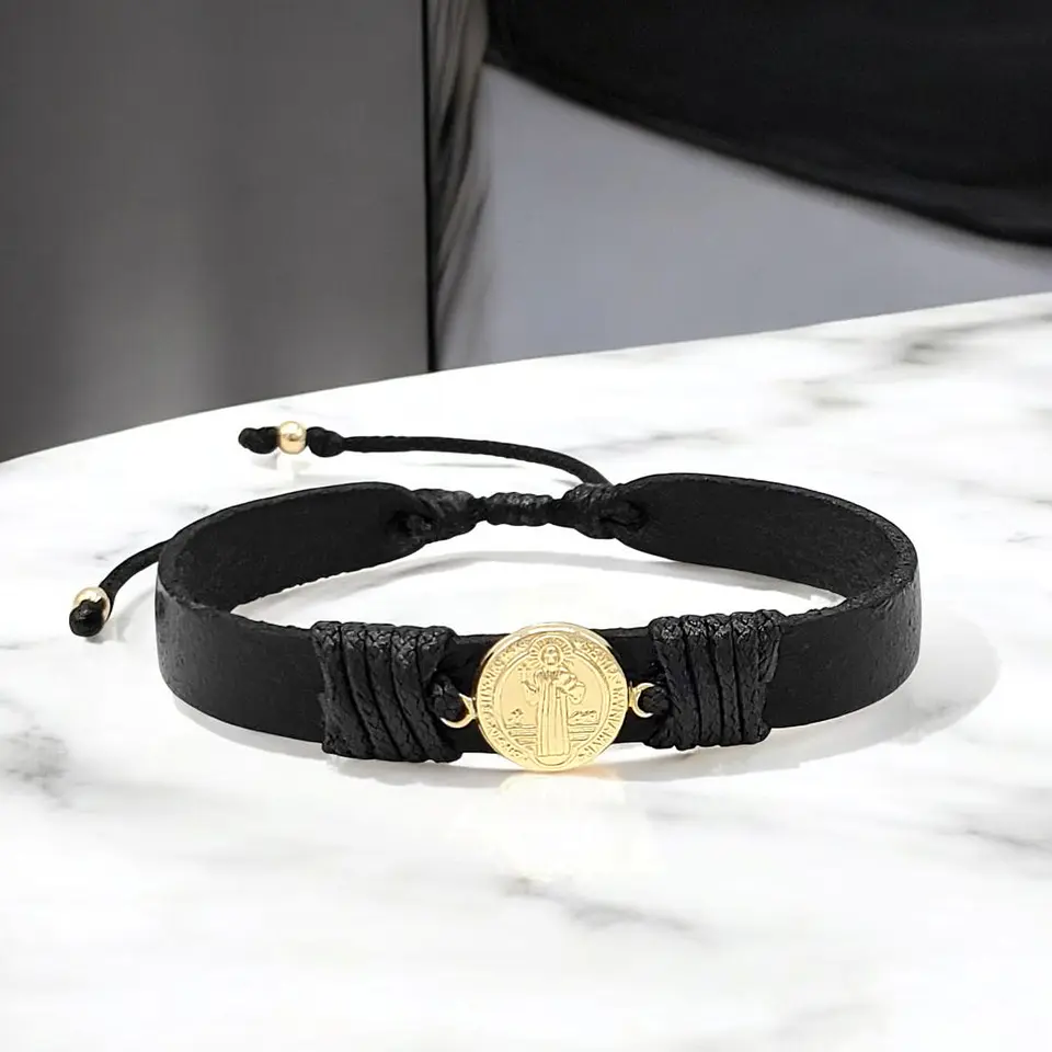 Pulsera San Benito Cuero Oro Laminado 18k 3