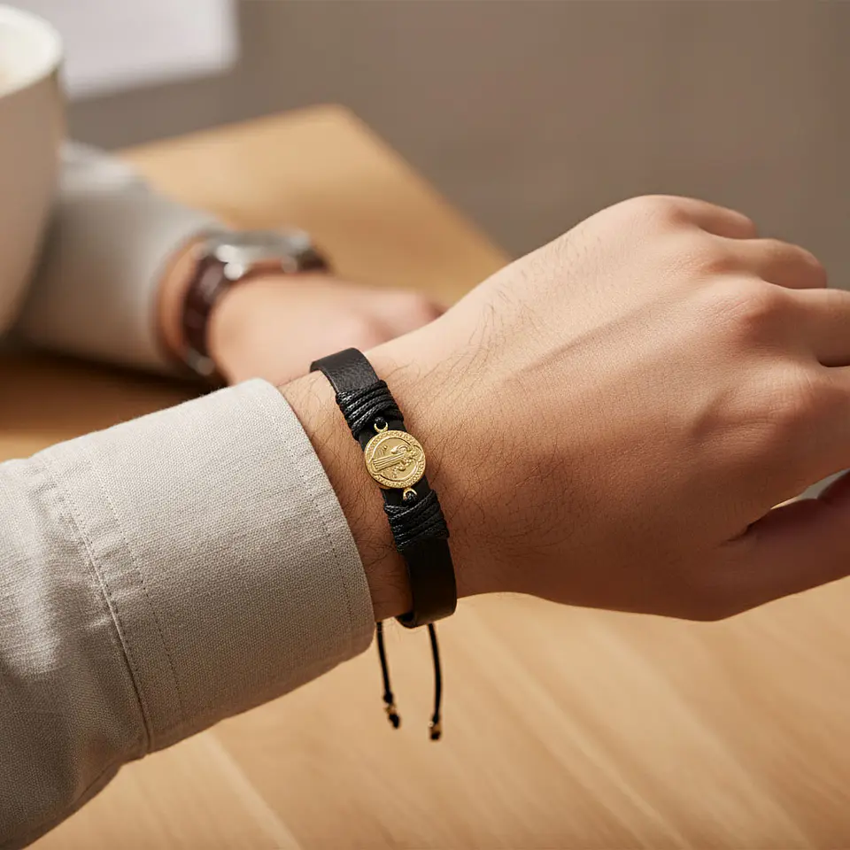 Pulsera San Benito Cuero Oro Laminado 18k 2