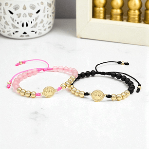 Pulseras para Parejas Coronas Cuarzo Rosado Ónix Oro Laminado 18K