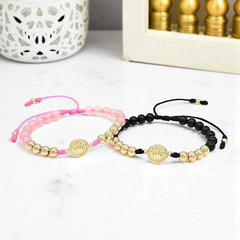 Pulseras para Parejas Coronas Cuarzo Rosado Ónix Oro Laminado 18K