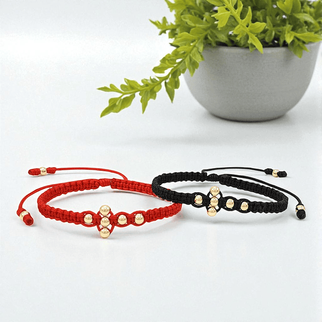 Par de Pulseras Tejidas Cruz Oro Laminado 18k 3
