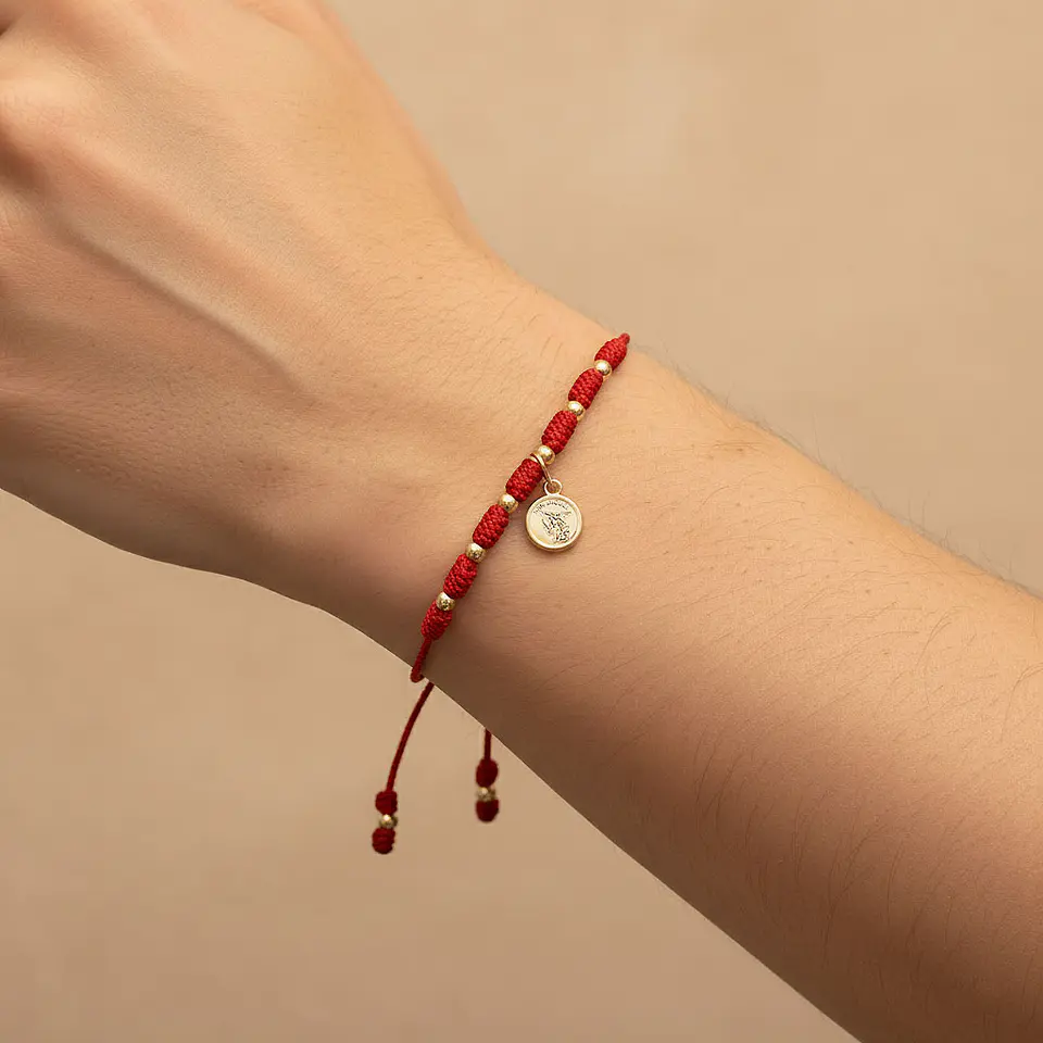 Pulsera 7 Nudos San Miguel Arcángel Hilo Rojo Oro Laminado 18k 2