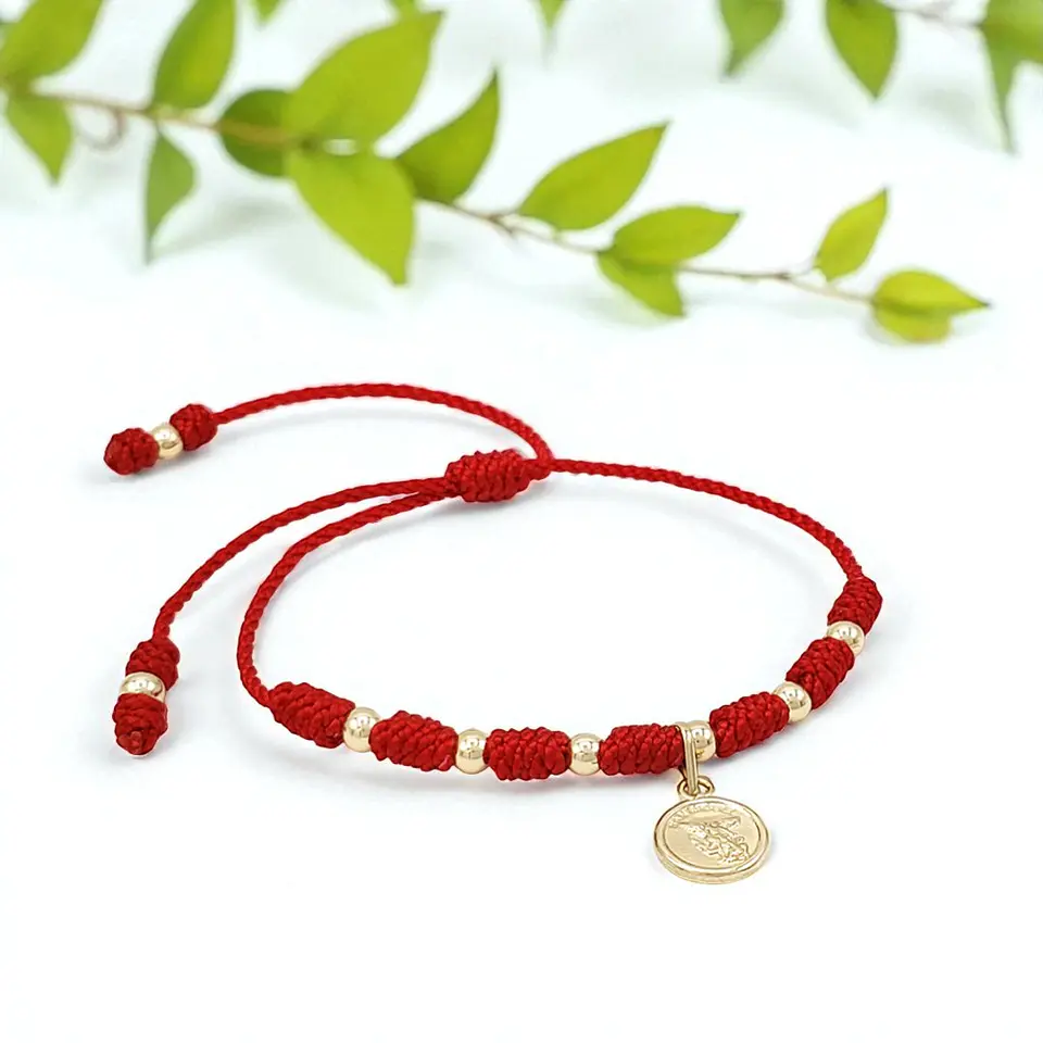 Pulsera 7 Nudos San Miguel Arcángel Hilo Rojo Oro Laminado 18k 3