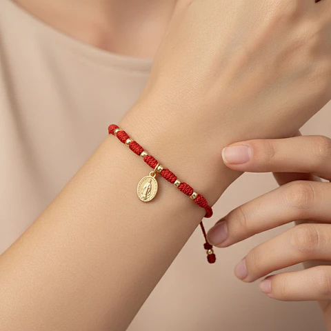 Pulsera 7 Nudos Virgen Milagrosa Hilo Rojo Oro Laminado 18k