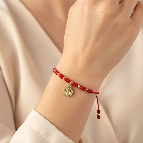 Pulsera 7 Nudos San Benito de Abad Hilo Rojo Oro Laminado 18k