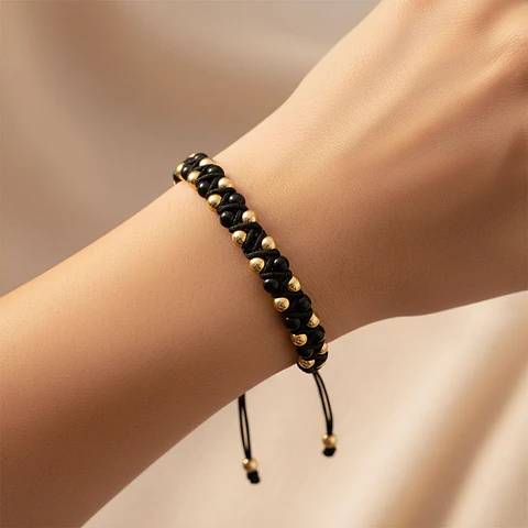 Pulsera Tejida Piedra Onix y Oro Laminado 18k
