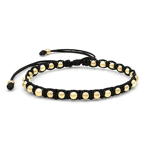 Pulsera Tejido Negro Balines 4mm Oro Laminado 18k