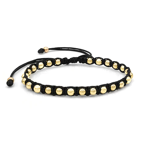 Pulsera Tejido Negro Balines 4mm Oro Laminado 18k