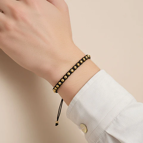 Pulsera Tejido Negro Balines 4mm Oro Laminado 18k