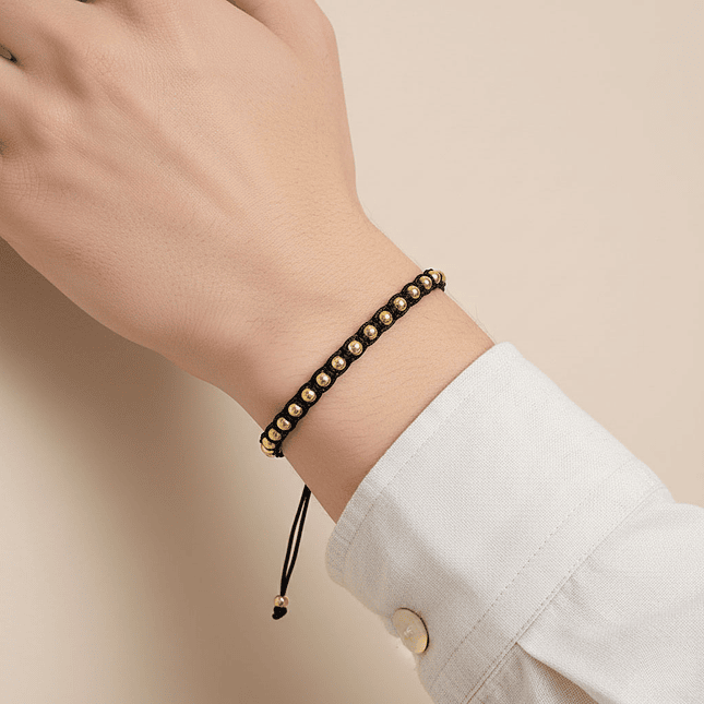 Pulsera Tejido Negro Balines 4mm Oro Laminado 18k 2