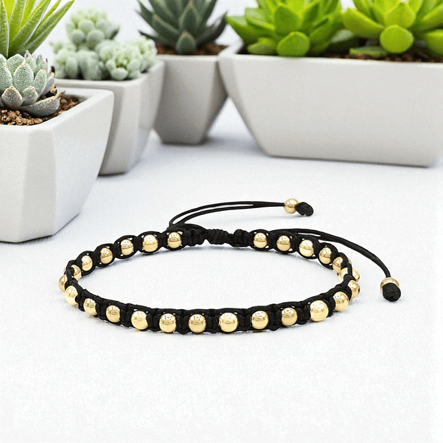 Pulsera Tejido Negro Balines 4mm Oro Laminado 18k 3