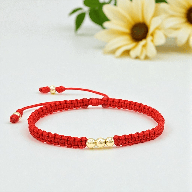 Pulsera Tejida Hilo Rojo Oro Laminado 18k Balin 4mm 3
