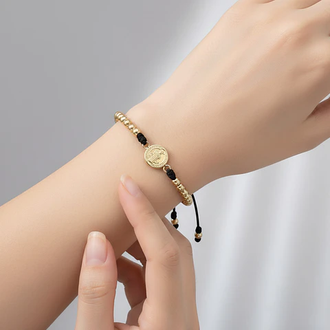 Pulsera Medalla San Benito de Abad Oro Laminado 18k
