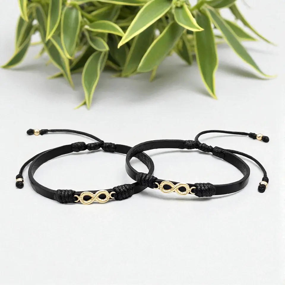 Pulseras para Parejas Infinito Cuero Oro Laminado 18K 3