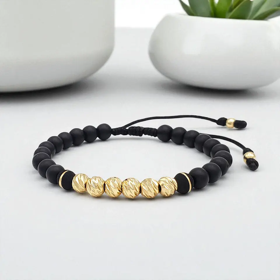 Pulsera Ónix Mate Neopreno Oro Laminado 18k Diamantado (6mm) 3