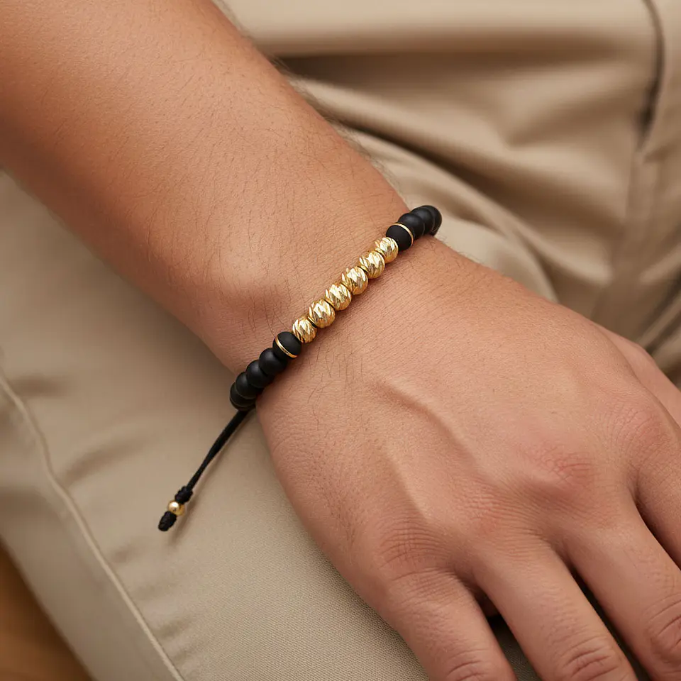 Pulsera Ónix Mate Neopreno Oro Laminado 18k Diamantado (6mm) 2