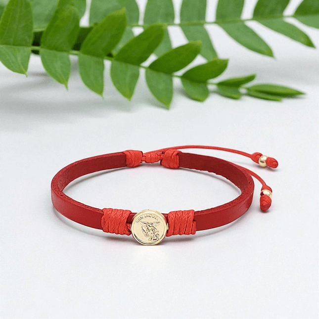 Pulsera San Miguel Arcángel Cuero Oro Laminado 18k 6
