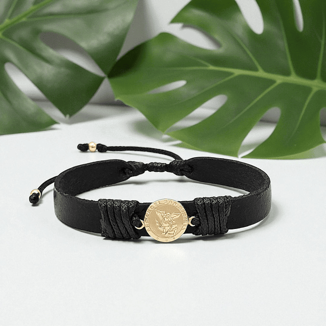 Pulsera Arcángel San Miguel Cuero Oro Laminado 18k 3