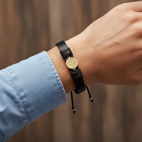 Pulsera Arcángel San Miguel Cuero Oro Laminado 18k
