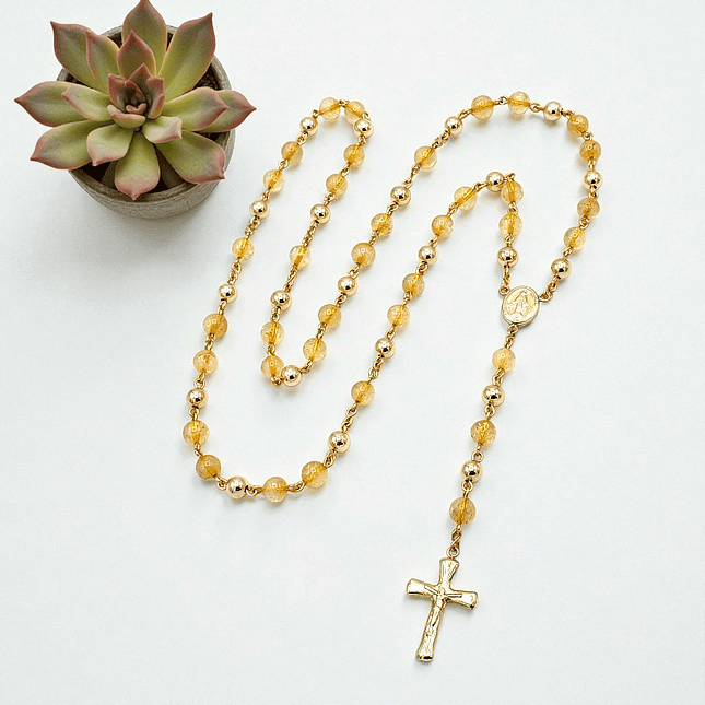 Rosario Camándula Piedra Cuarzo Citrino Oro Laminado 18k 3