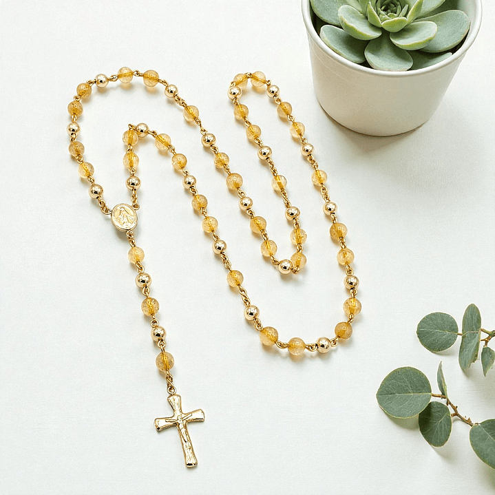 Rosario Camándula Piedra Cuarzo Citrino Oro Laminado 18k 2