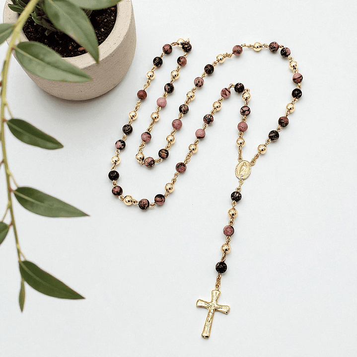 Rosario Camándula Piedra Rodonita Oro Laminado 18k 3