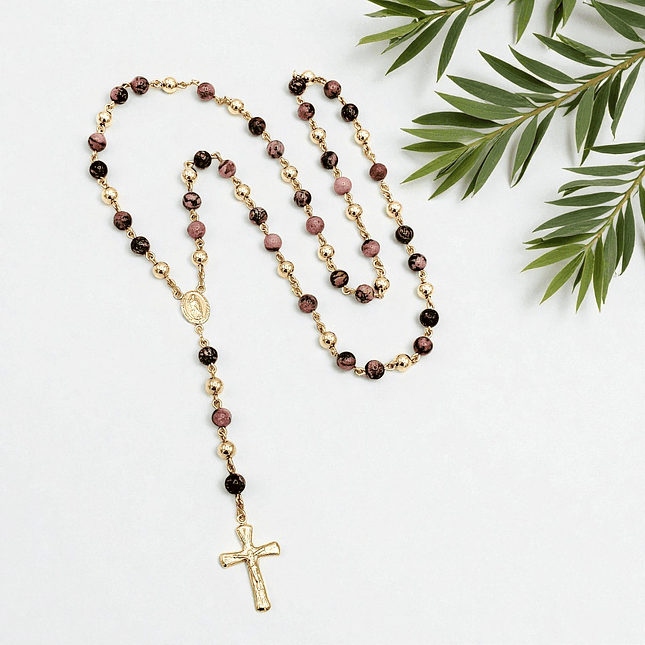 Rosario Camándula Piedra Rodonita Oro Laminado 18k 2