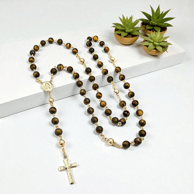 Rosario Camándula Piedra Ojo de Tigre Oro Laminado 18k 9