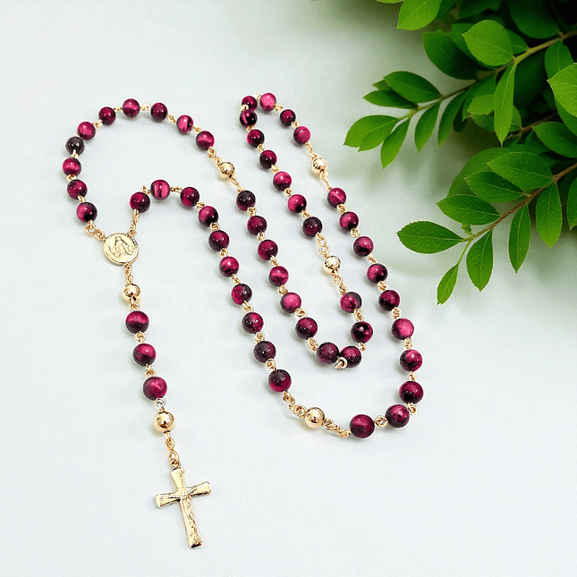 Rosario Camándula Piedra Ojo de Tigre Oro Laminado 18k 11