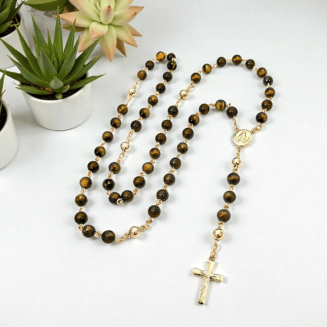 Rosario Camándula Piedra Ojo de Tigre Oro Laminado 18k 10