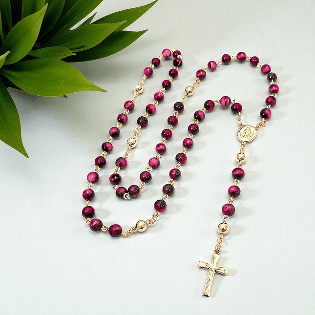 Rosario Camándula Piedra Ojo de Tigre Oro Laminado 18k 12