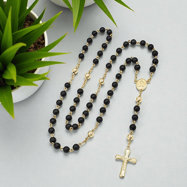 Rosario Camándula Piedra Turmalina Negra Oro Laminado 18k  2