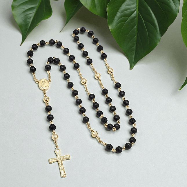 Rosario Camándula Piedra Turmalina Negra Oro Laminado 18k  3