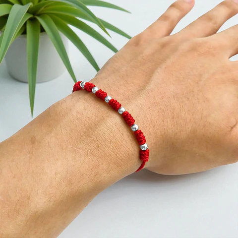 Pulsera 7 Nudos Hilo Rojo Plata 925 Italiana (4mm)