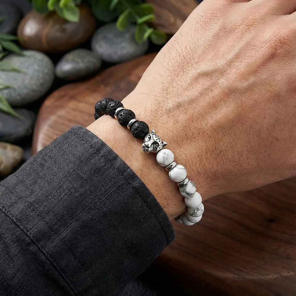 Pulsera Leopardo Piedra Volcánica Howlita  2