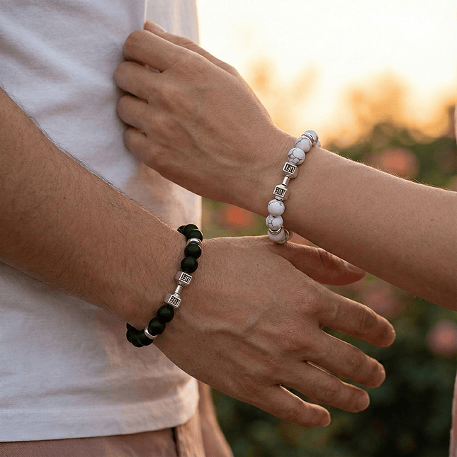 Pulseras Para Parejas Howlita Ónix Mate Mancuernas GYM 3