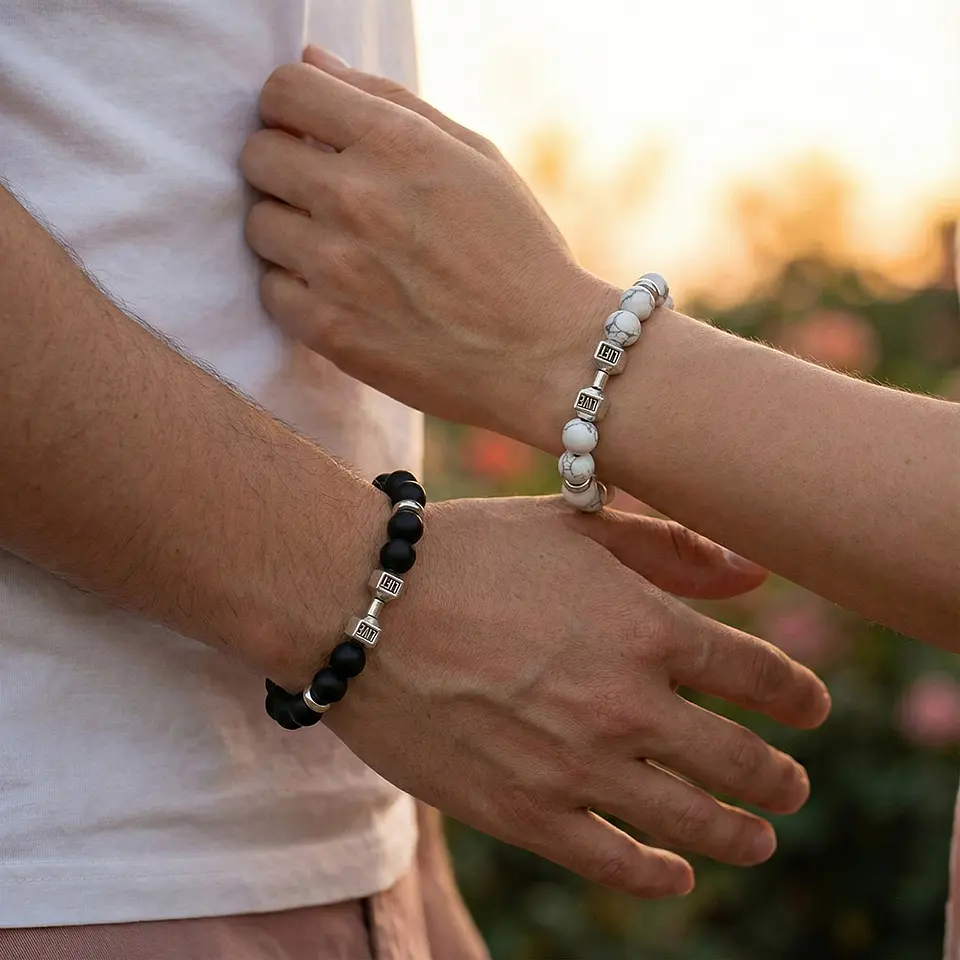 Pulseras Para Parejas Howlita Ónix Mate Mancuernas GYM 3