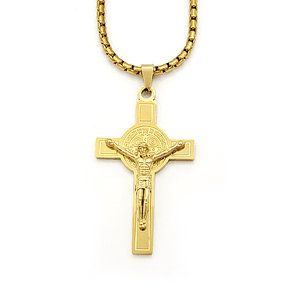 Collar Cadena Cruz Cristo San Benito de Abad Protección Acero 