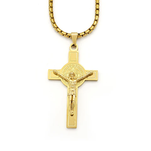 Collar Cadena Cruz Cristo San Benito de Abad Protección Acero 